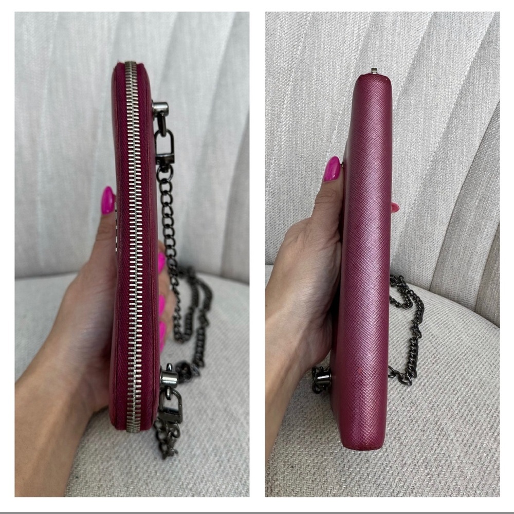 PRADA Logo Magenta Pink Saffiano Leather Zippered Wallet on Chain - Picture 8 of 11